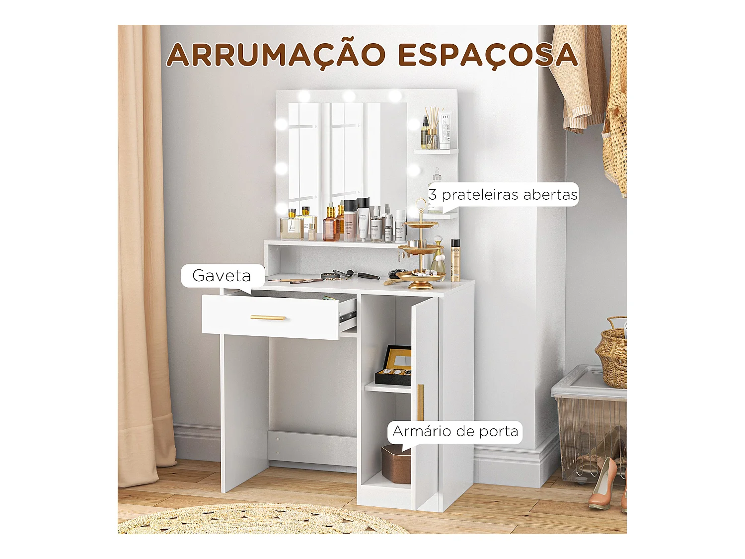 Tocador Michela taburete + cajón + armario blanco 140x80x40 cm