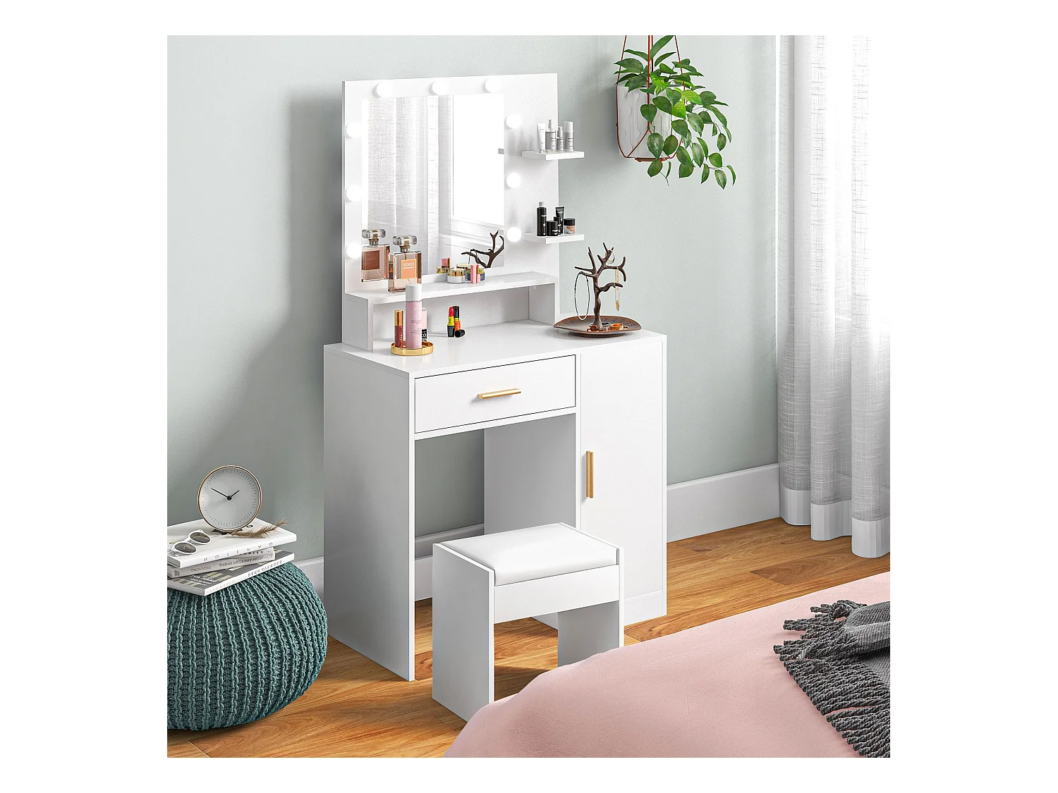 Tocador Michela taburete + cajón + armario blanco 140x80x40 cm