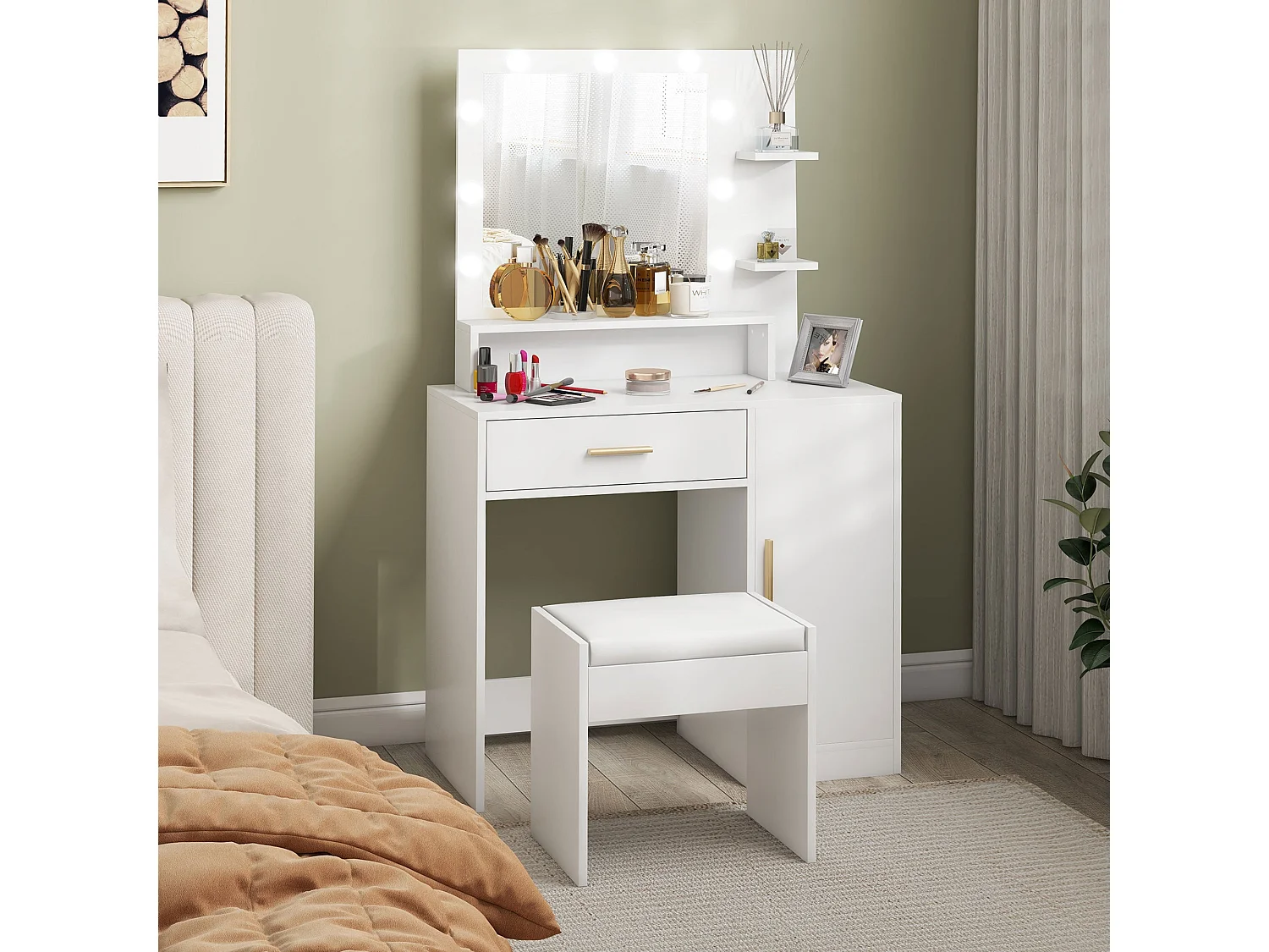 Toucador de Maquilhagem Grenoble com Espelho LED e Banco Confortável para Quarto e Sala de Estar