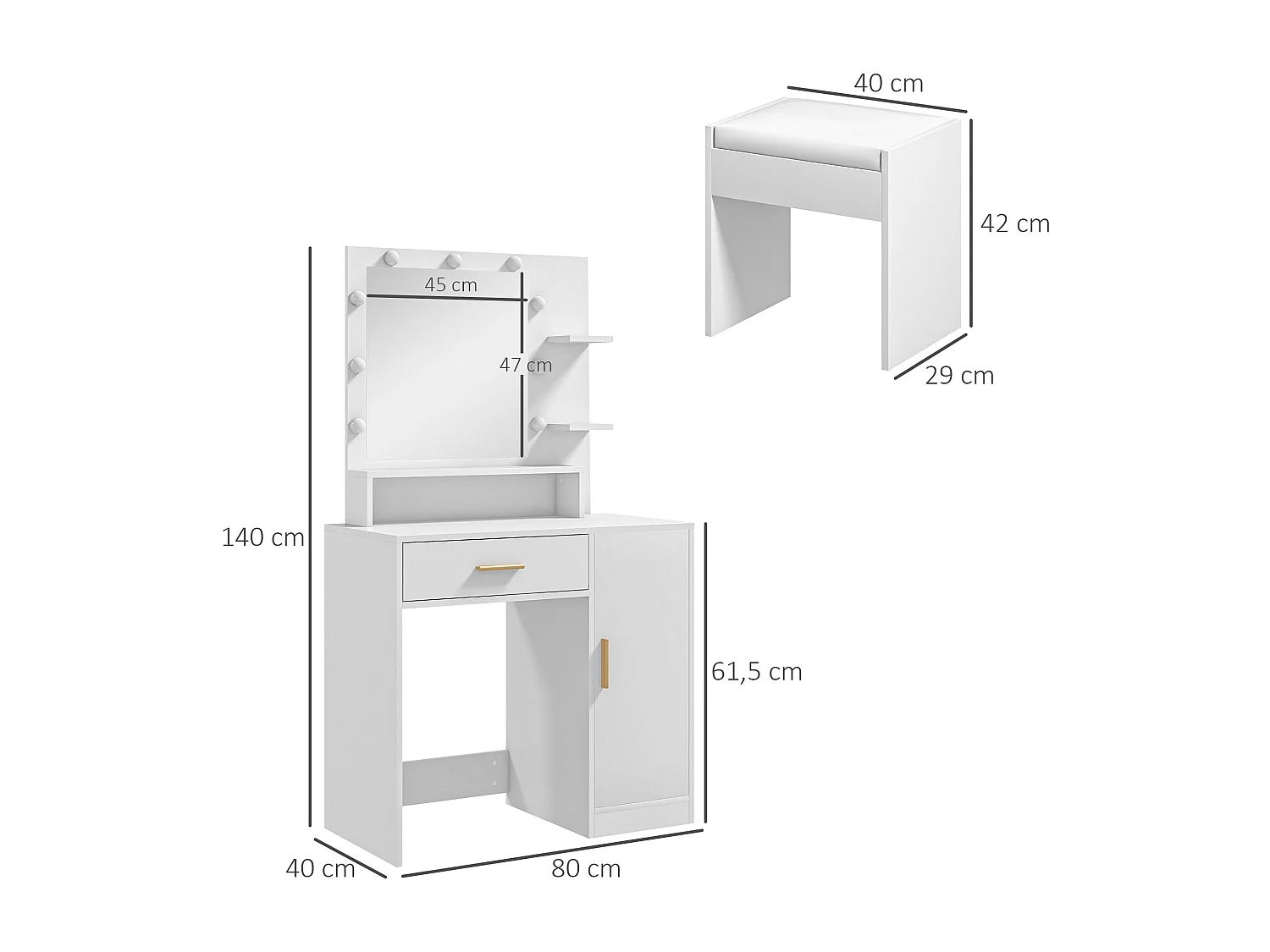 Toucador de Maquilhagem Grenoble com Espelho LED e Banco Confortável para Quarto e Sala de Estar