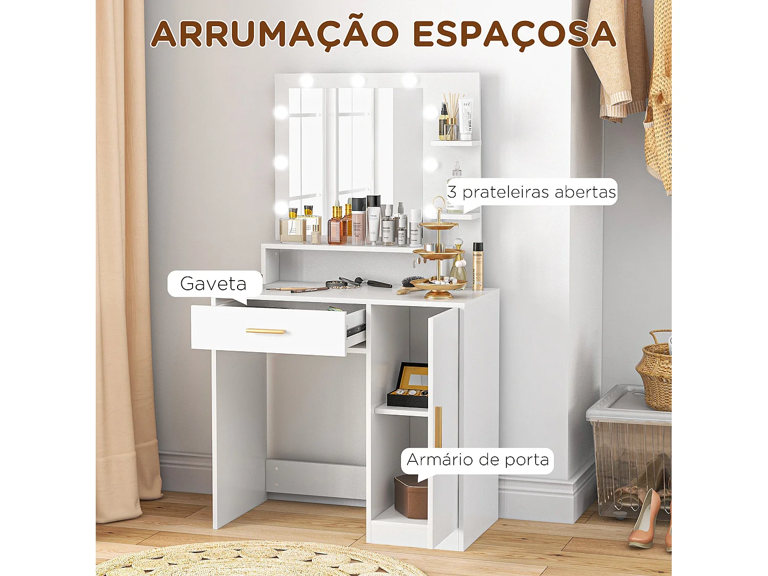 Toucador de Maquilhagem Grenoble com Espelho LED e Banco Confortável para Quarto e Sala de Estar