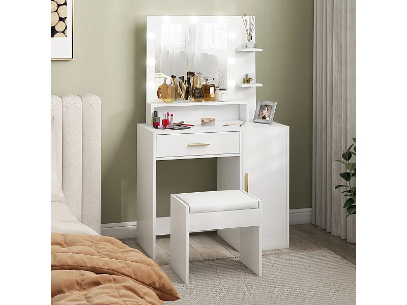 Toucador de Maquilhagem Grenoble com Espelho LED e Banco Confortável para Quarto e Sala de Estar