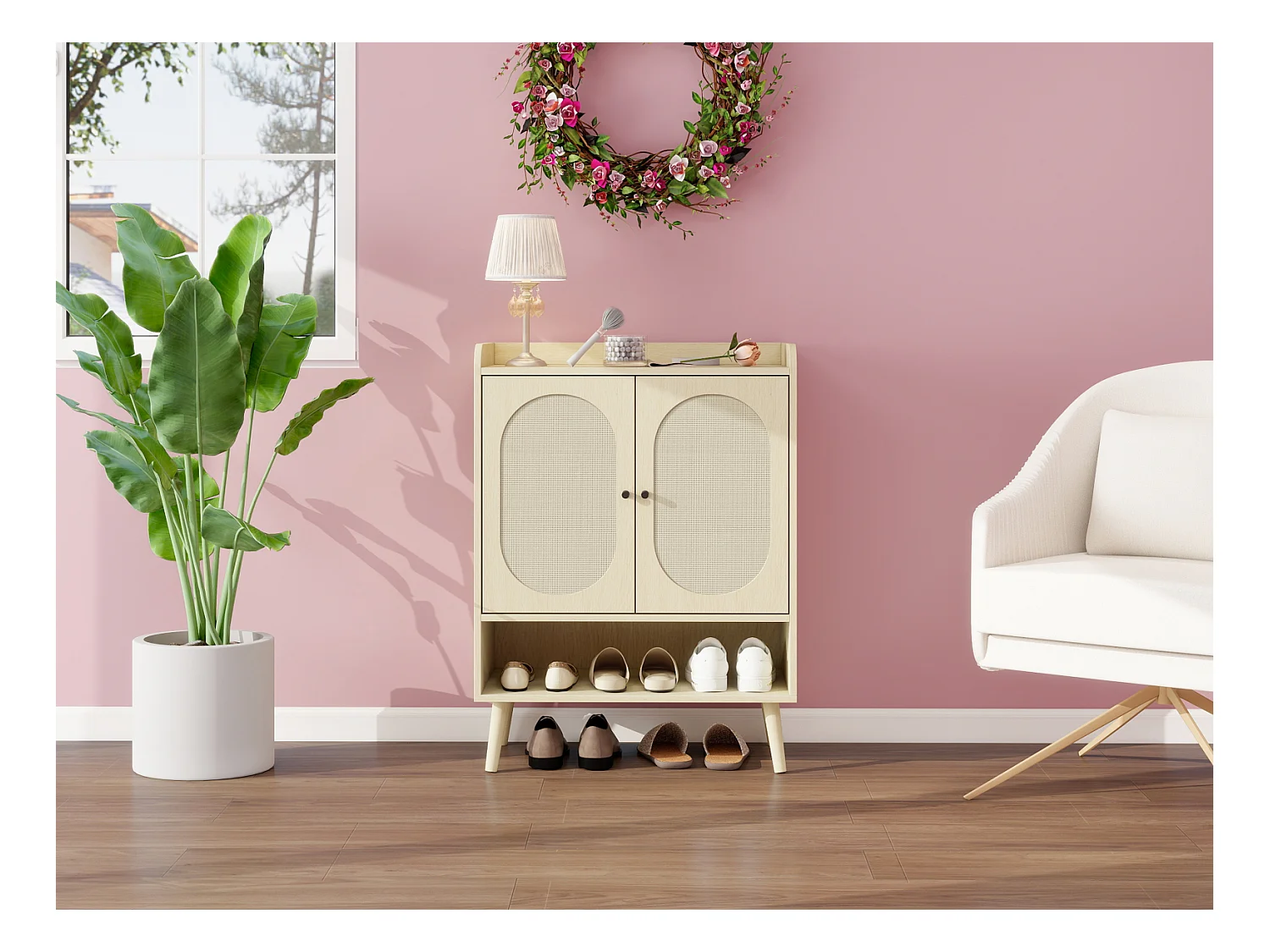 Scarpiera a due ante, 68 x 35 x 90 cm, effetto legno naturale, effetto rattan intrecciato, con contenitore, ideale per ingressi e corridoi