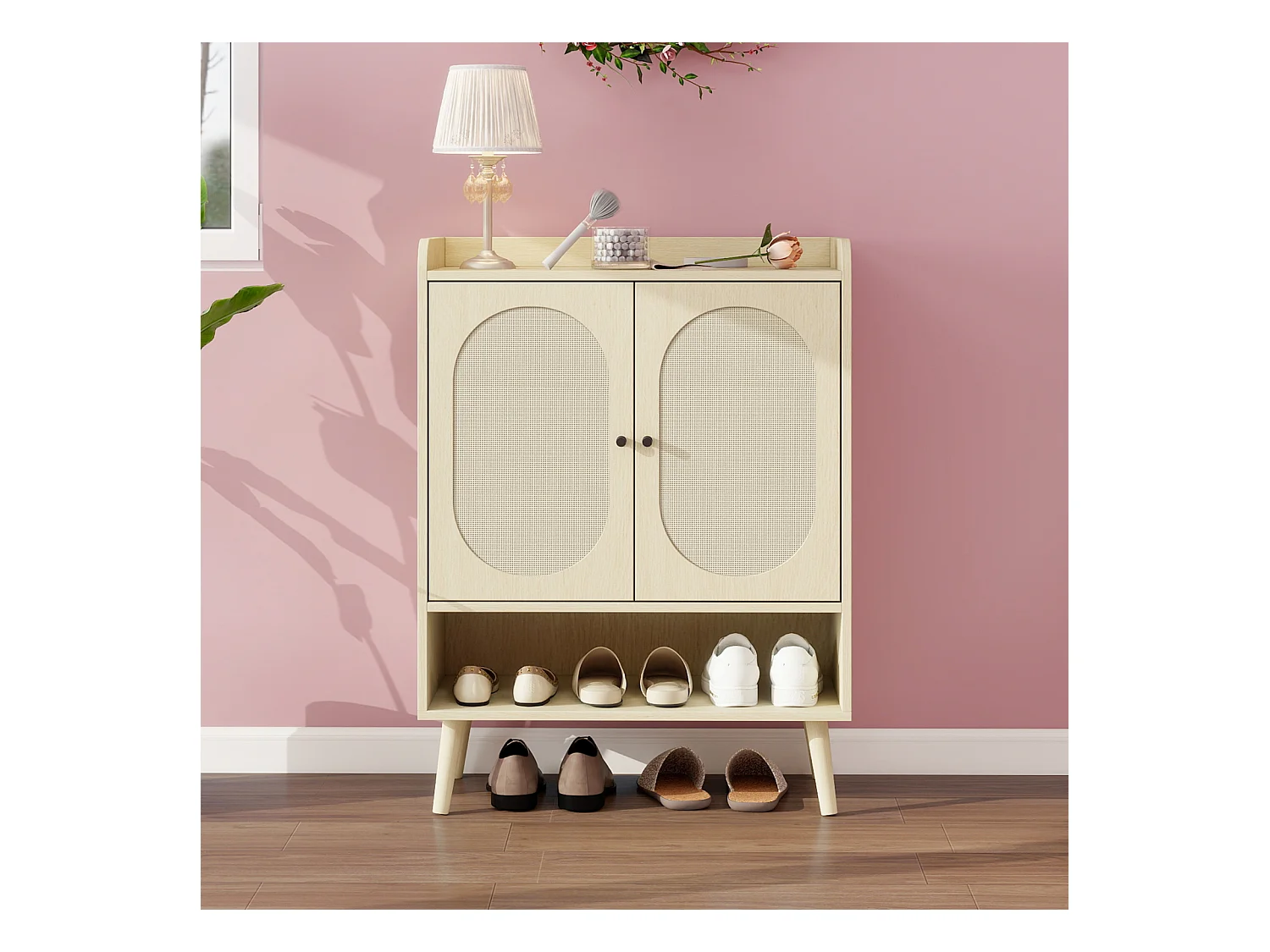 Scarpiera a due ante, 68 x 35 x 90 cm, effetto legno naturale, effetto rattan intrecciato, con contenitore, ideale per ingressi e corridoi