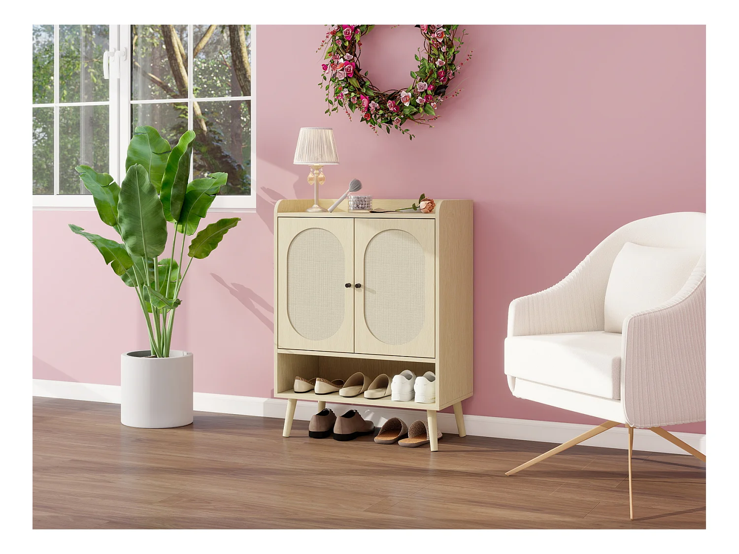 Scarpiera a due ante, 68 x 35 x 90 cm, effetto legno naturale, effetto rattan intrecciato, con contenitore, ideale per ingressi e corridoi