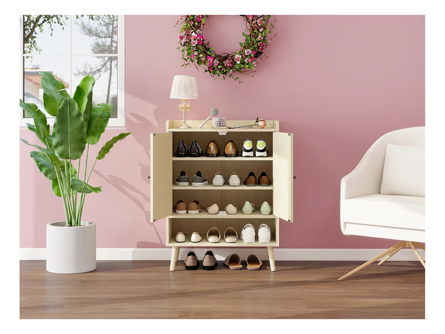 Scarpiera a due ante, 68 x 35 x 90 cm, effetto legno naturale, effetto rattan intrecciato, con contenitore, ideale per ingressi e corridoi