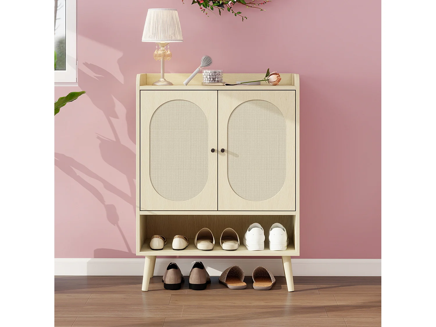 Meuble à chaussures à deux portes, 68 x 35 x 90 cm, aspect bois naturel, effet rotin tressé, avec rangement,  idéal pour les entrées et les couloirs