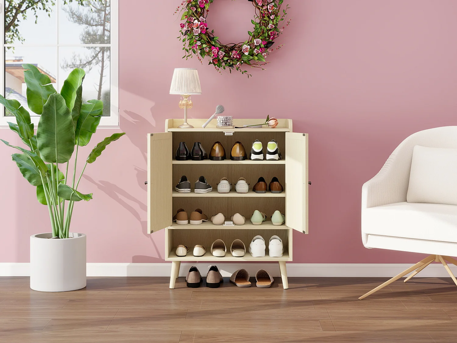 Meuble à chaussures à deux portes, 68 x 35 x 90 cm, aspect bois naturel, effet rotin tressé, avec rangement,  idéal pour les entrées et les couloirs