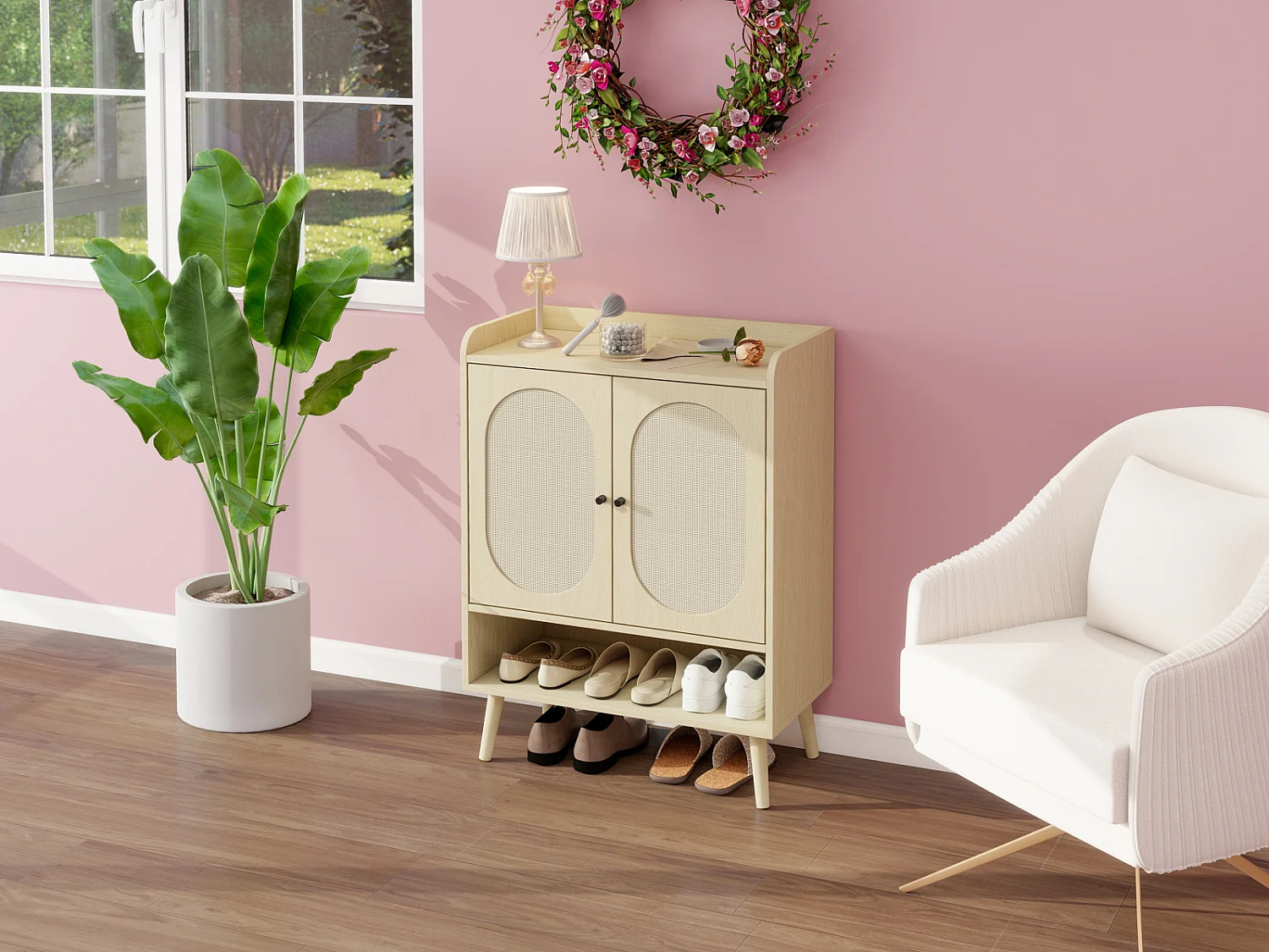 Meuble à chaussures à deux portes, 68 x 35 x 90 cm, aspect bois naturel, effet rotin tressé, avec rangement,  idéal pour les entrées et les couloirs