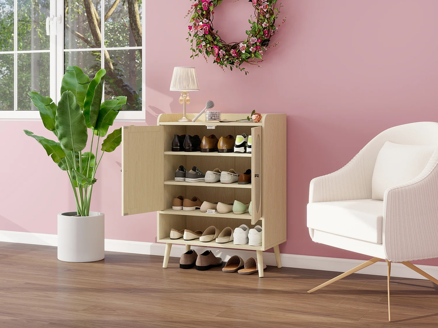 Meuble à chaussures à deux portes, 68 x 35 x 90 cm, aspect bois naturel, effet rotin tressé, avec rangement,  idéal pour les entrées et les couloirs