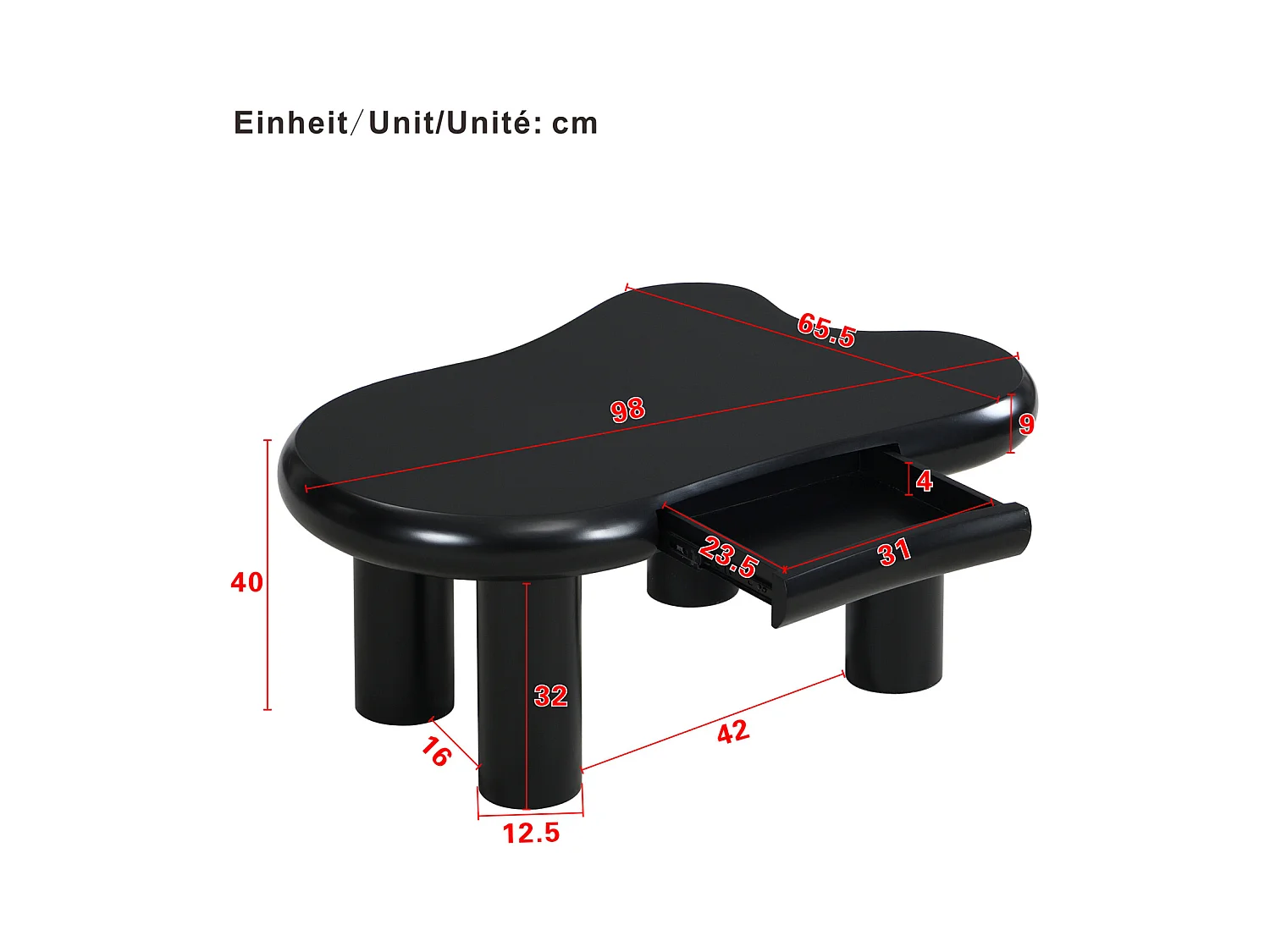 Mesa de centro de MDF negro con forma de nube, iluminación LED de 16 colores y cajón - Mesa de salón moderna con espacio de almacenamiento