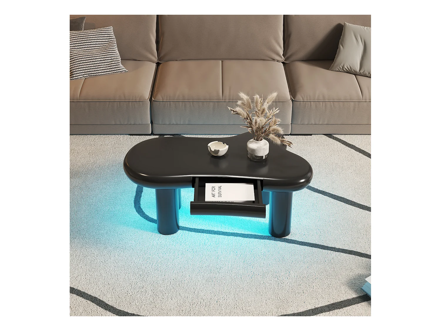 Mesa de centro de MDF negro con forma de nube, iluminación LED de 16 colores y cajón - Mesa de salón moderna con espacio de almacenamiento