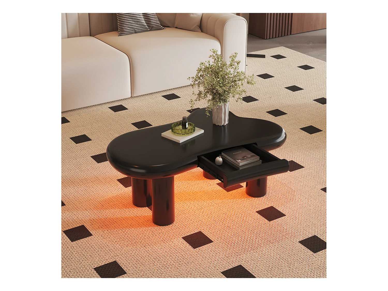 Tavolino da caffè a forma di nuvola in MDF nero con illuminazione a LED a 16 colori e cassetto - Tavolo da soggiorno moderno con contenitore