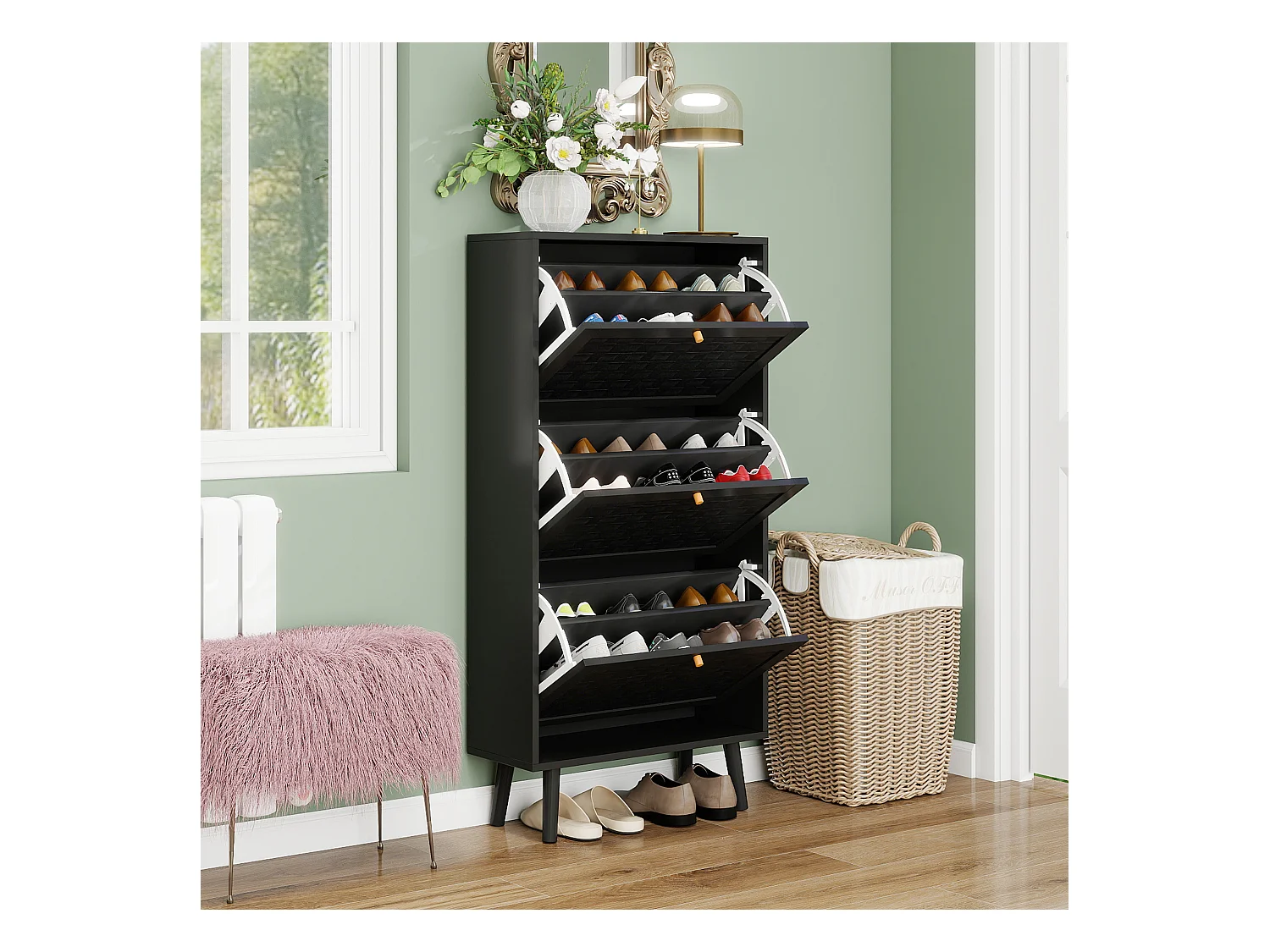 Meuble à chaussures noir 60x24x121 cm, 3 niveaux style bohème avec motif à rayures raffiné. Idéal pour entrée, couloir ou autres espaces