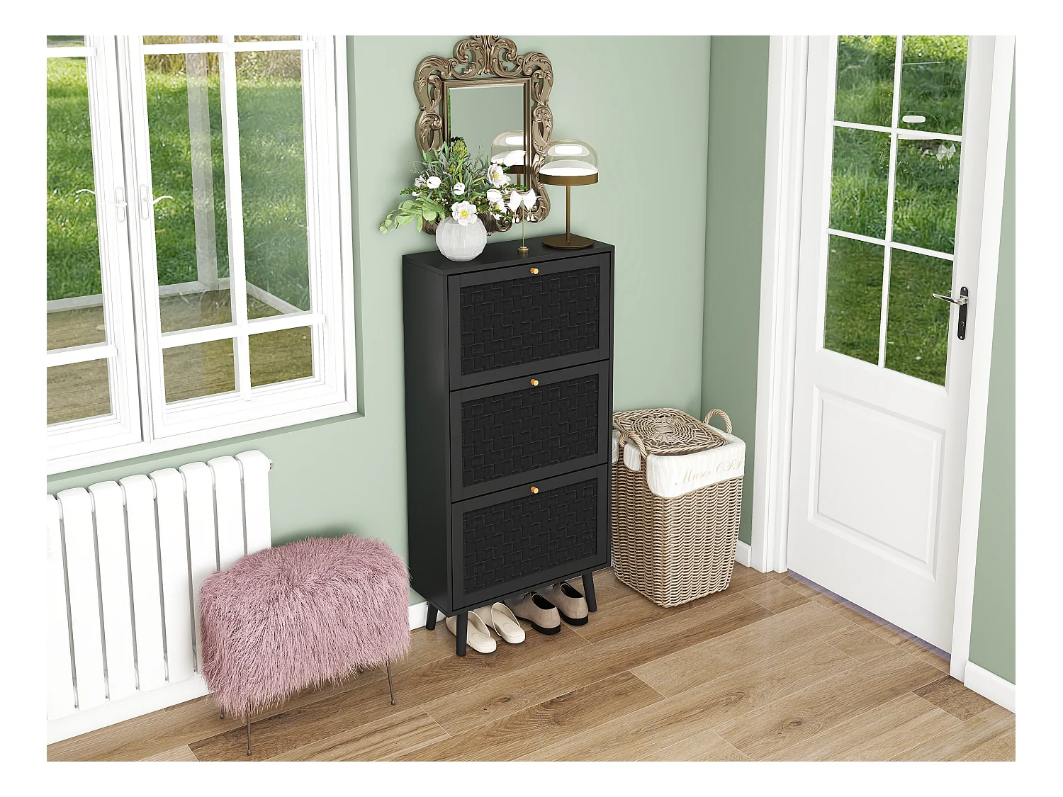 Meuble à chaussures noir 60x24x121 cm, 3 niveaux style bohème avec motif à rayures raffiné. Idéal pour entrée, couloir ou autres espaces