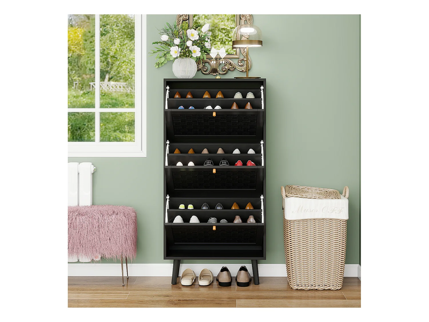 Meuble à chaussures noir 60x24x121 cm, 3 niveaux style bohème avec motif à rayures raffiné. Idéal pour entrée, couloir ou autres espaces