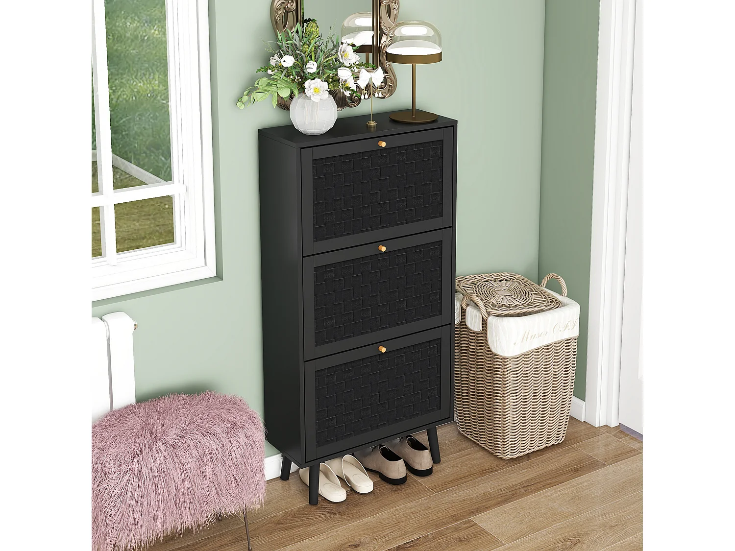 Meuble à chaussures noir 60x24x121 cm, 3 niveaux style bohème avec motif à rayures raffiné. Idéal pour entrée, couloir ou autres espaces