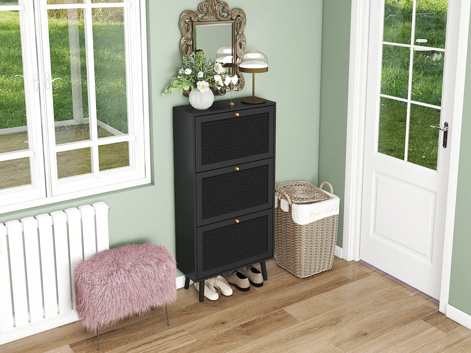 Meuble à chaussures noir 60x24x121 cm, 3 niveaux style bohème avec motif à rayures raffiné. Idéal pour entrée, couloir ou autres espaces