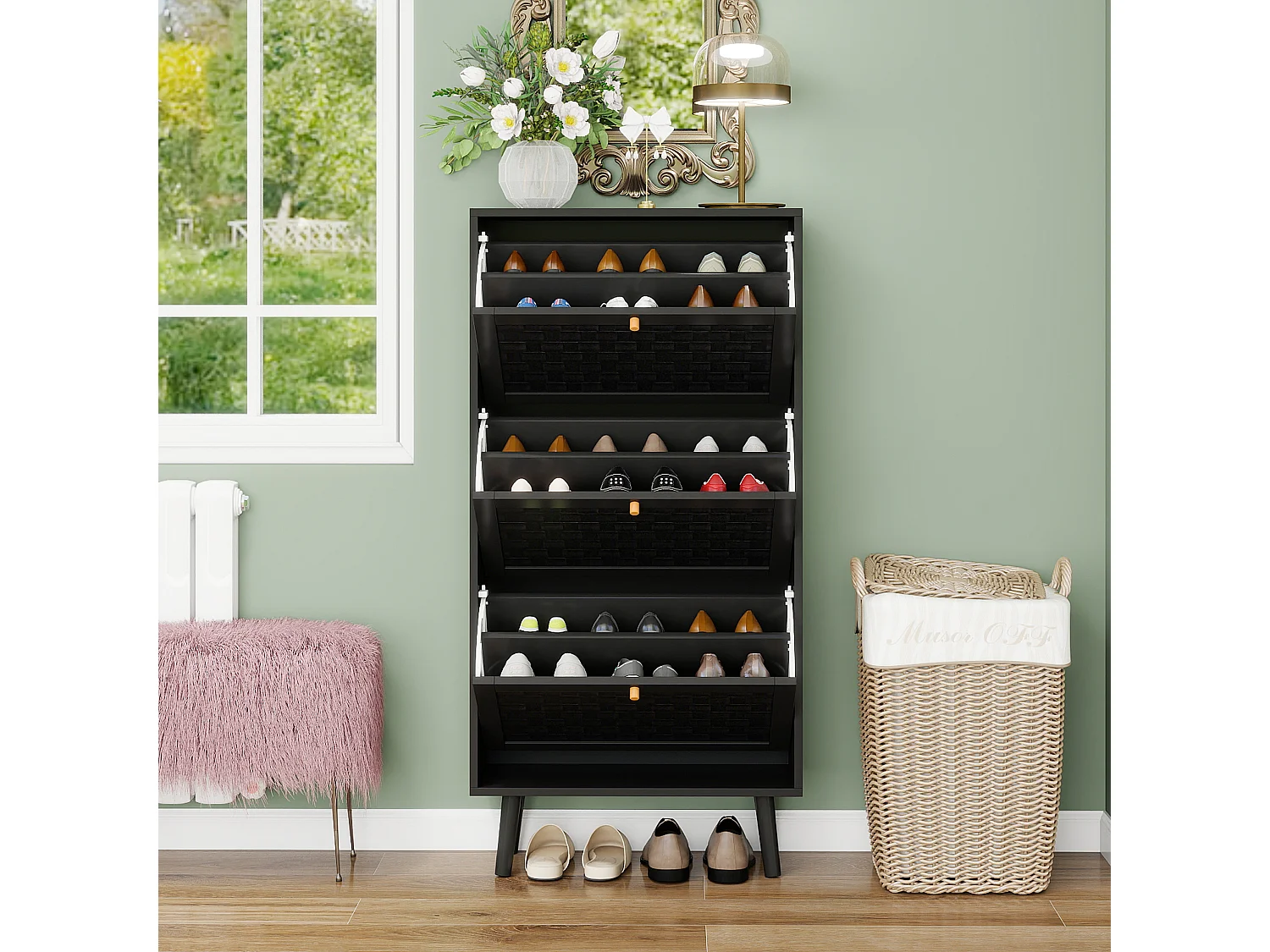 Meuble à chaussures noir 60x24x121 cm, 3 niveaux style bohème avec motif à rayures raffiné. Idéal pour entrée, couloir ou autres espaces