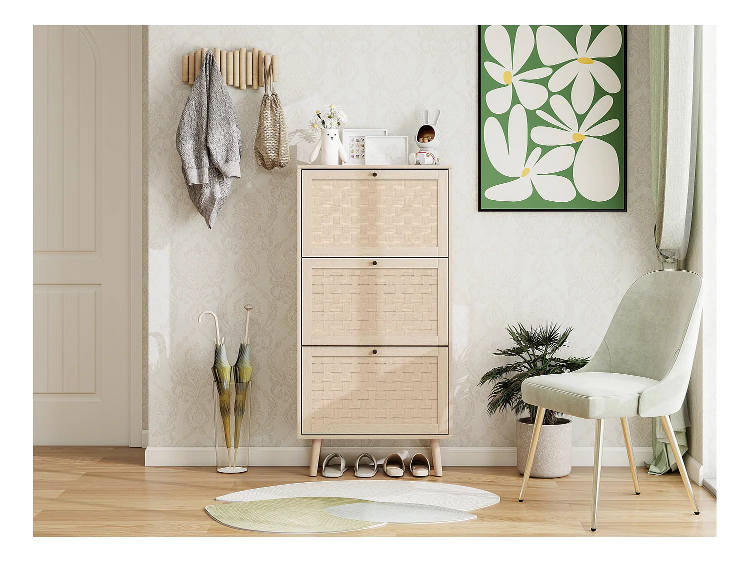 Scarpiera bohémien 60x24x121 cm, 3 ripiani con motivo a righe e croci. Stile naturale, ideale per ingresso, corridoio o spazi simili.