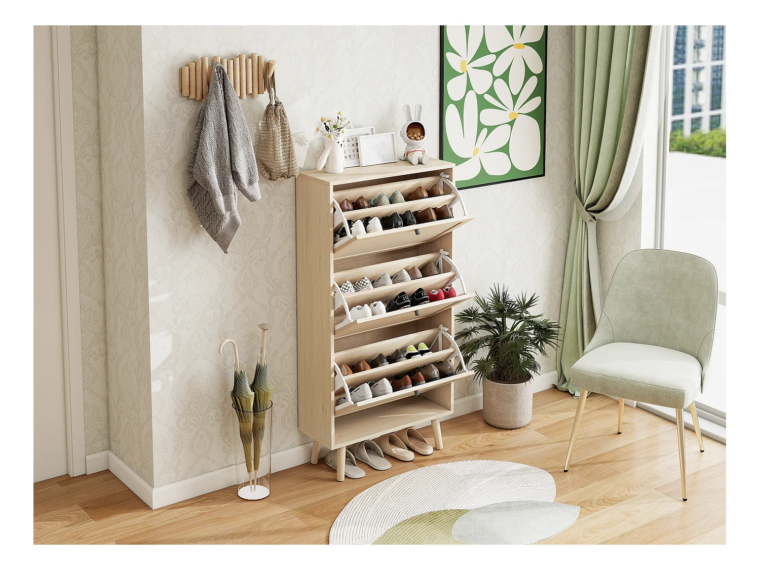 Scarpiera bohémien 60x24x121 cm, 3 ripiani con motivo a righe e croci. Stile naturale, ideale per ingresso, corridoio o spazi simili.