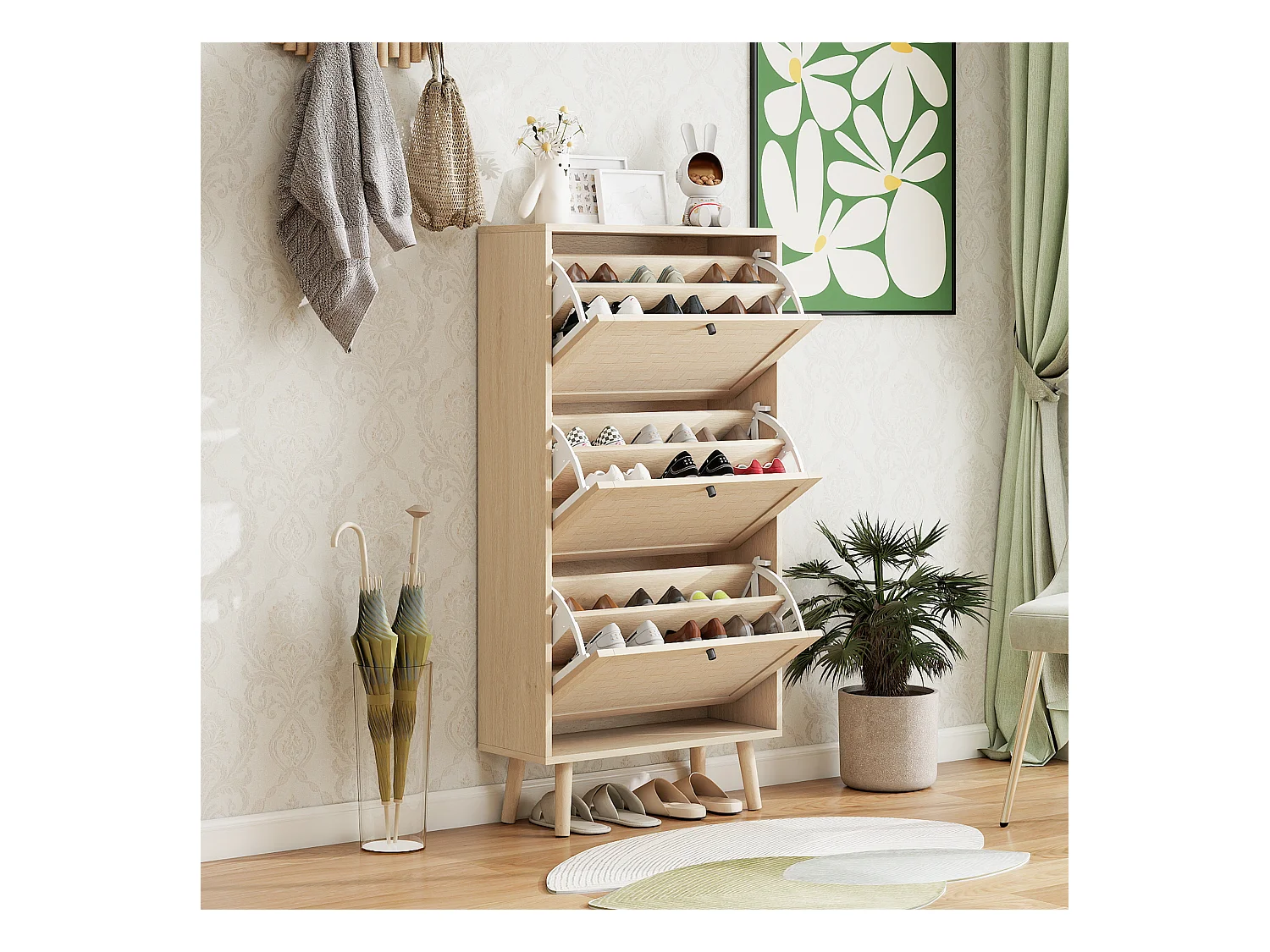 Scarpiera bohémien 60x24x121 cm, 3 ripiani con motivo a righe e croci. Stile naturale, ideale per ingresso, corridoio o spazi simili.