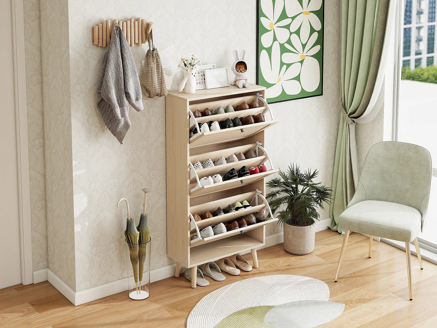 Meuble à chaussures bohème 60x24x121 cm, 3 niveaux avec motif rayé et entrecroisé. Style naturel, idéal pour entrée, couloir ou espace similaire