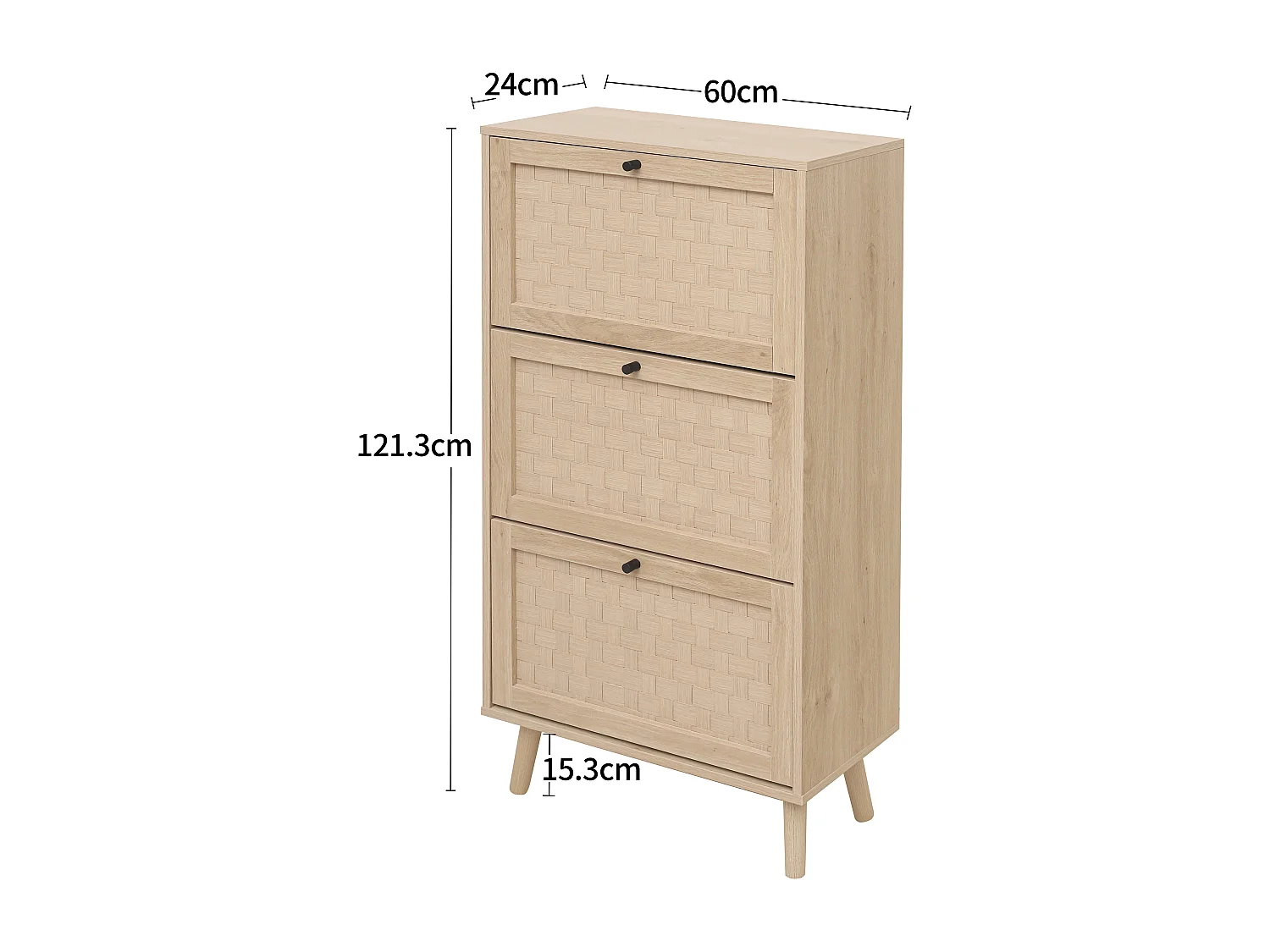 Meuble à chaussures bohème 60x24x121 cm, 3 niveaux avec motif rayé et entrecroisé. Style naturel, idéal pour entrée, couloir ou espace similaire