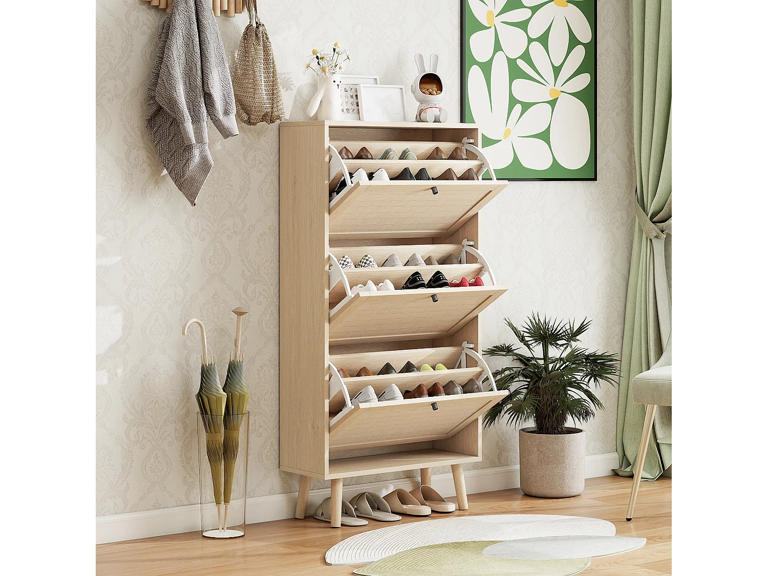 Meuble à chaussures bohème 60x24x121 cm, 3 niveaux avec motif rayé et entrecroisé. Style naturel, idéal pour entrée, couloir ou espace similaire