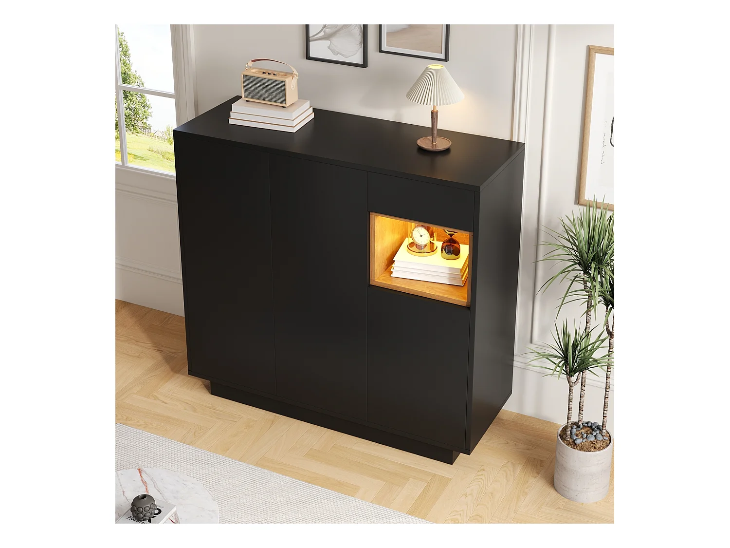 Scarpiera con un cassetto e ripiani regolabili, in legno nero e naturale, per l'ingresso, stile moderno, capacità da 14 a 18 paia di scarpe