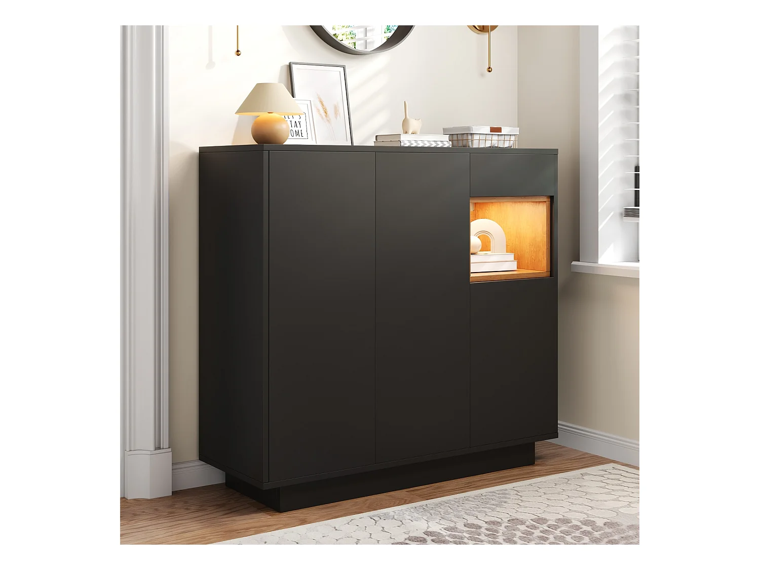 Scarpiera con un cassetto e ripiani regolabili, in legno nero e naturale, per l'ingresso, stile moderno, capacità da 14 a 18 paia di scarpe