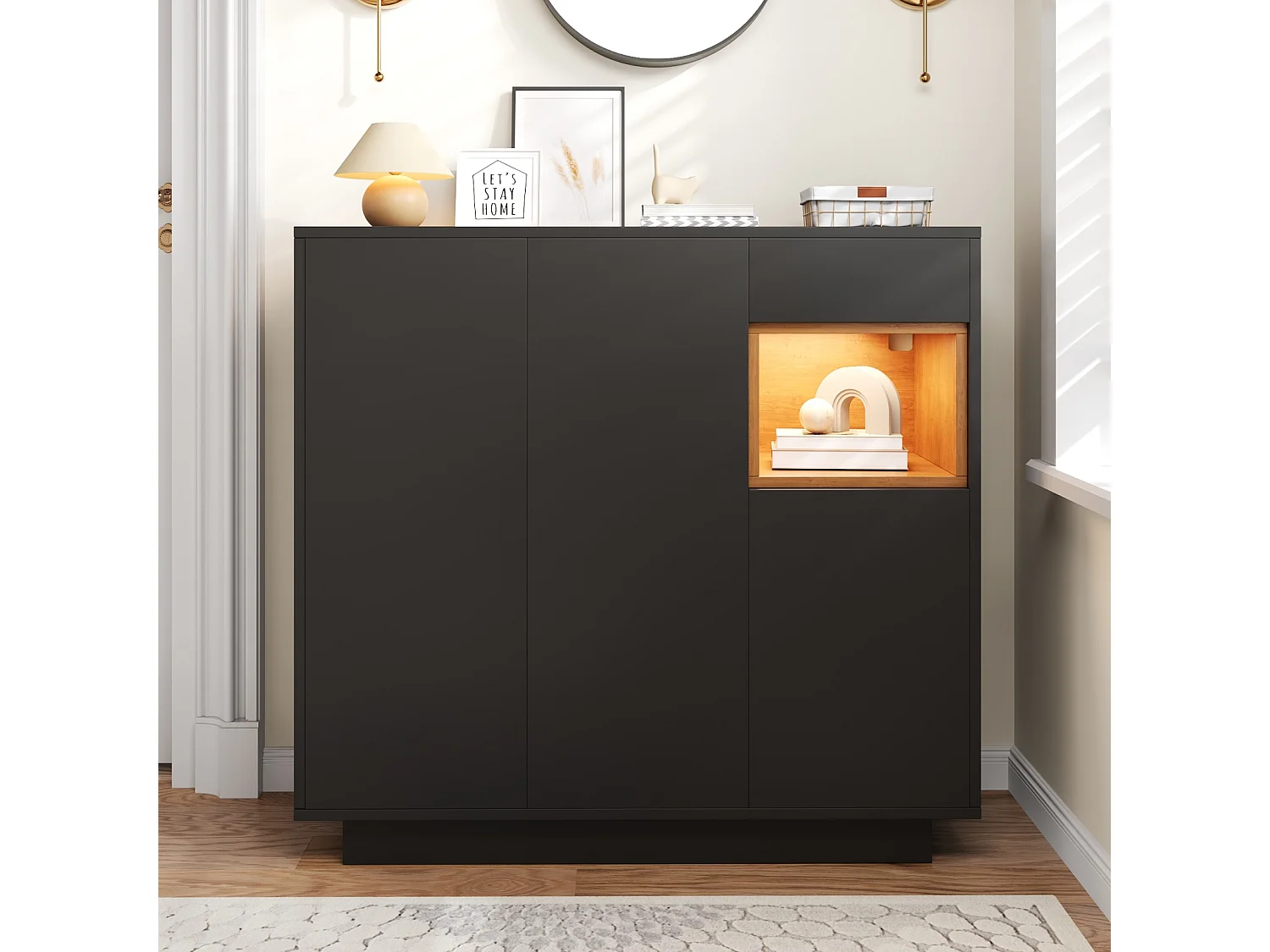 Sapateira com uma gaveta e prateleiras reguláveis, preta e madeira natural, para entrada, estilo moderno, capacidade de 14 a 18 pares de sapatos