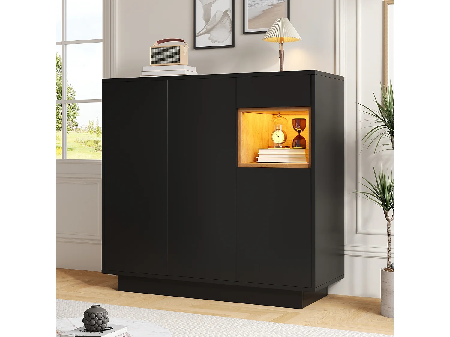 Sapateira com uma gaveta e prateleiras reguláveis, preta e madeira natural, para entrada, estilo moderno, capacidade de 14 a 18 pares de sapatos