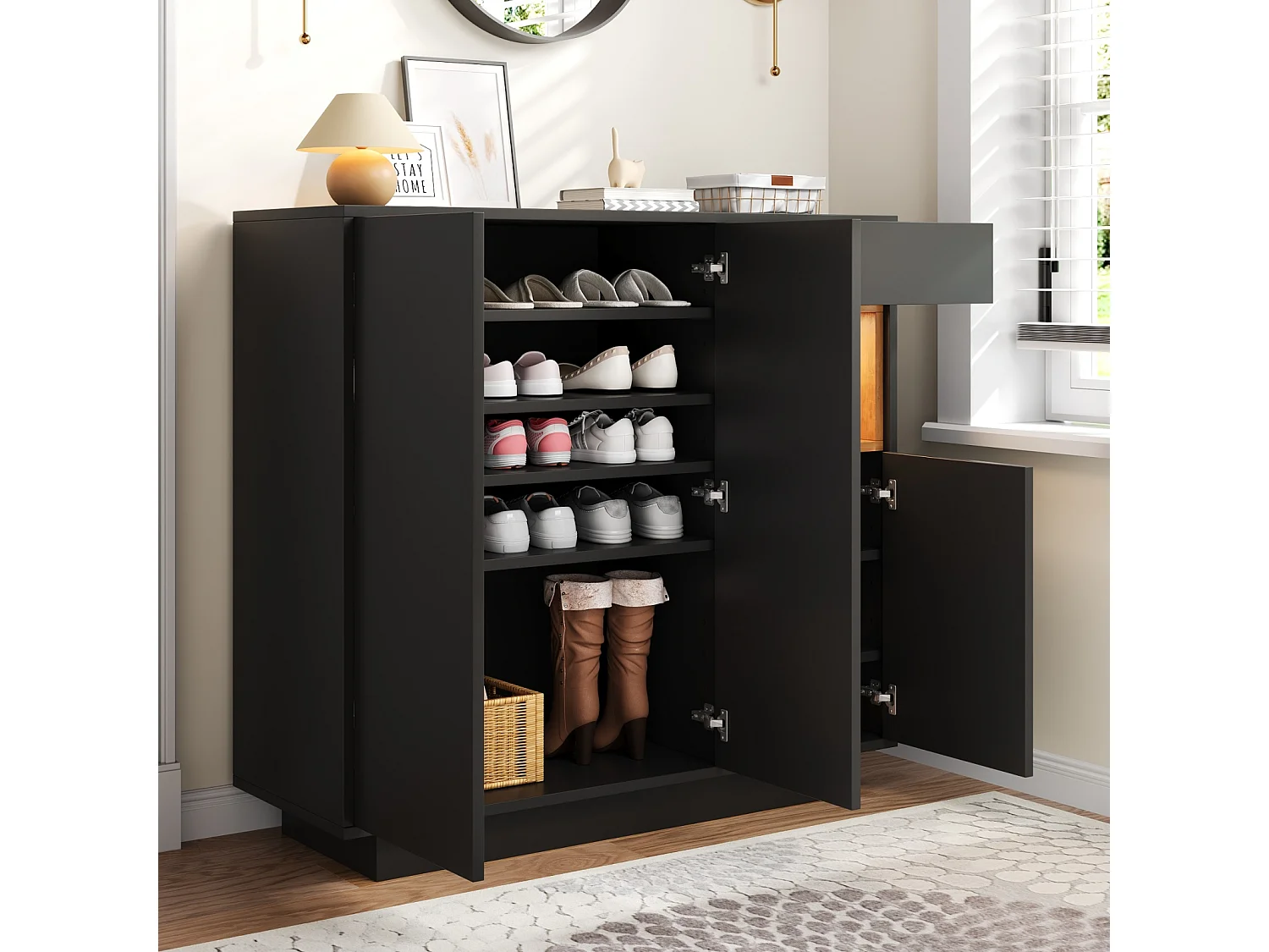 Sapateira com uma gaveta e prateleiras reguláveis, preta e madeira natural, para entrada, estilo moderno, capacidade de 14 a 18 pares de sapatos