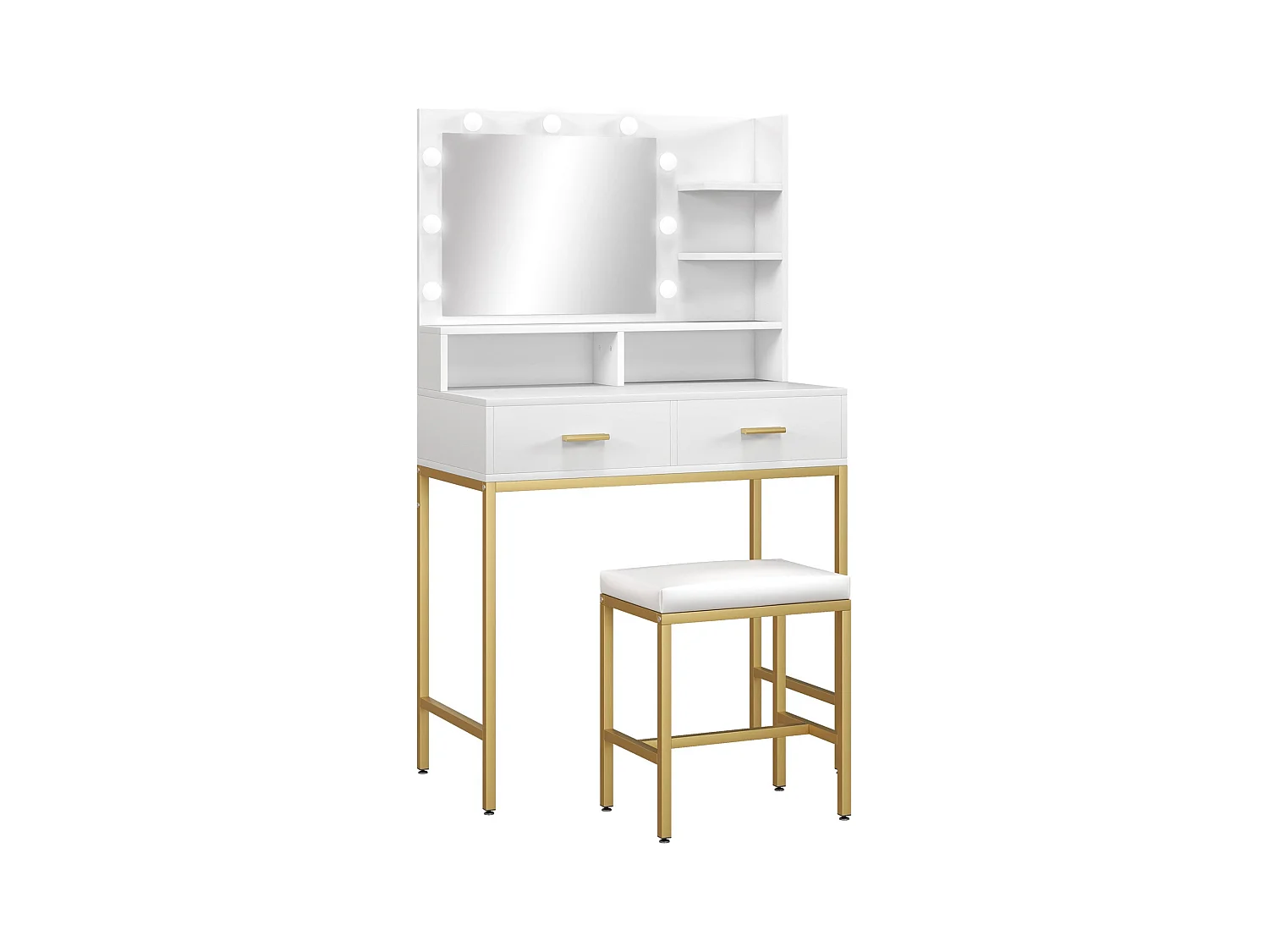 Tocador Aura Homcom 2 cajones + espejo LED + taburete blanco/dorado