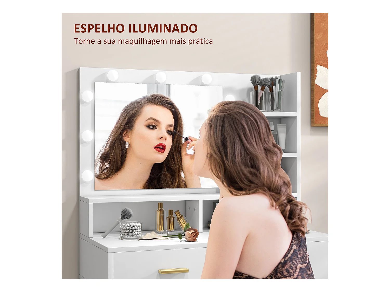 Tocador Aura Homcom 2 cajones + espejo LED + taburete blanco/dorado