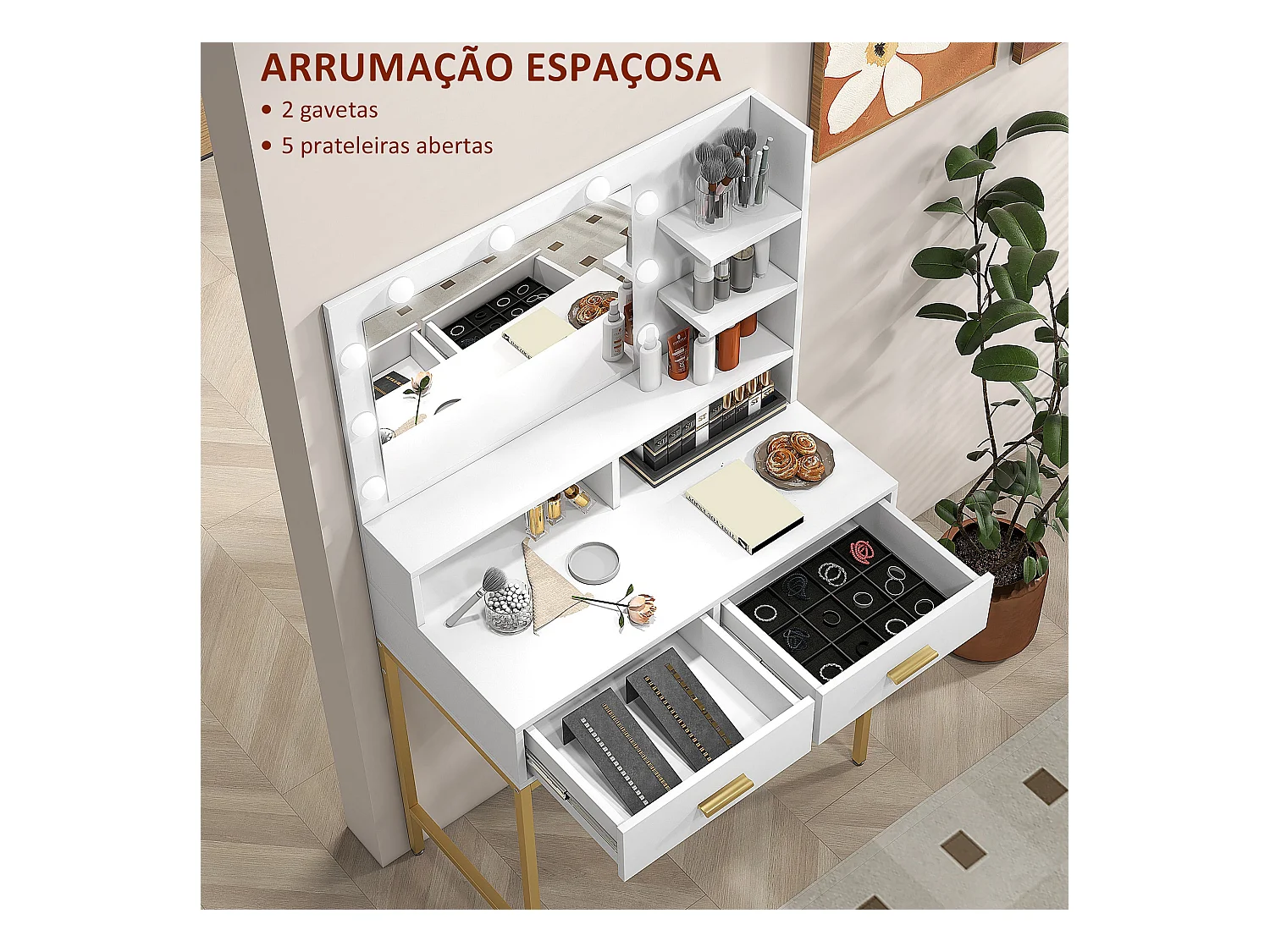 Tocador Aura Homcom 2 cajones + espejo LED + taburete blanco/dorado