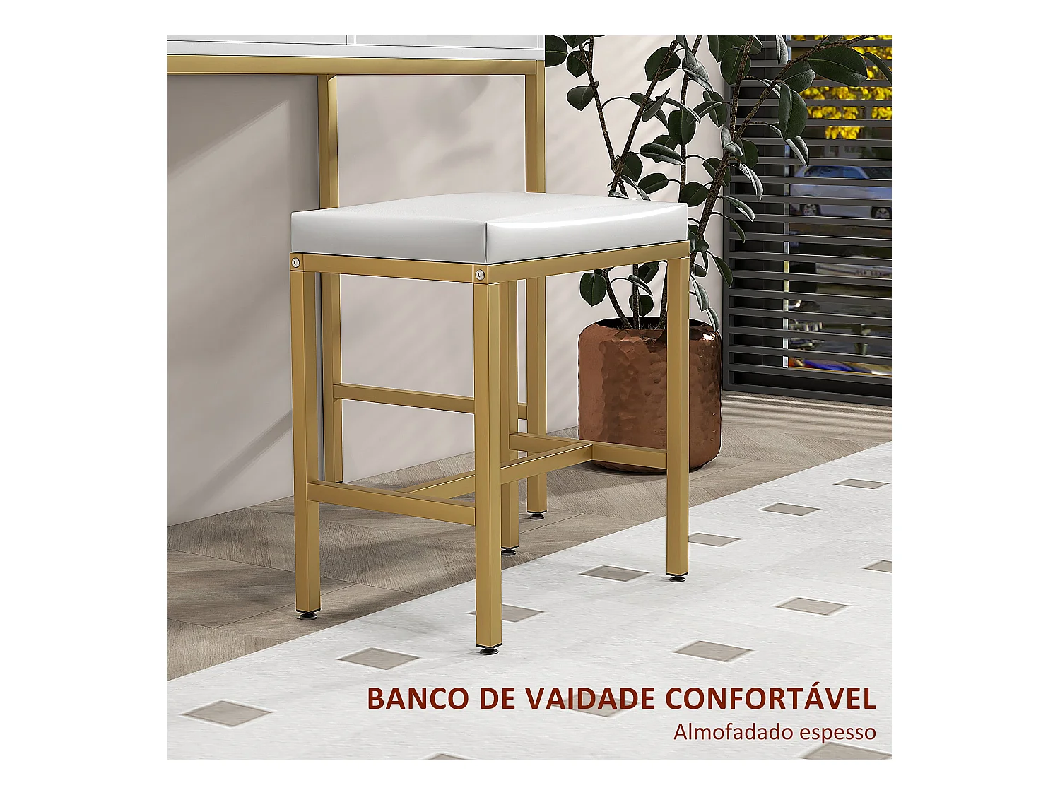 Tocador Aura Homcom 2 cajones + espejo LED + taburete blanco/dorado