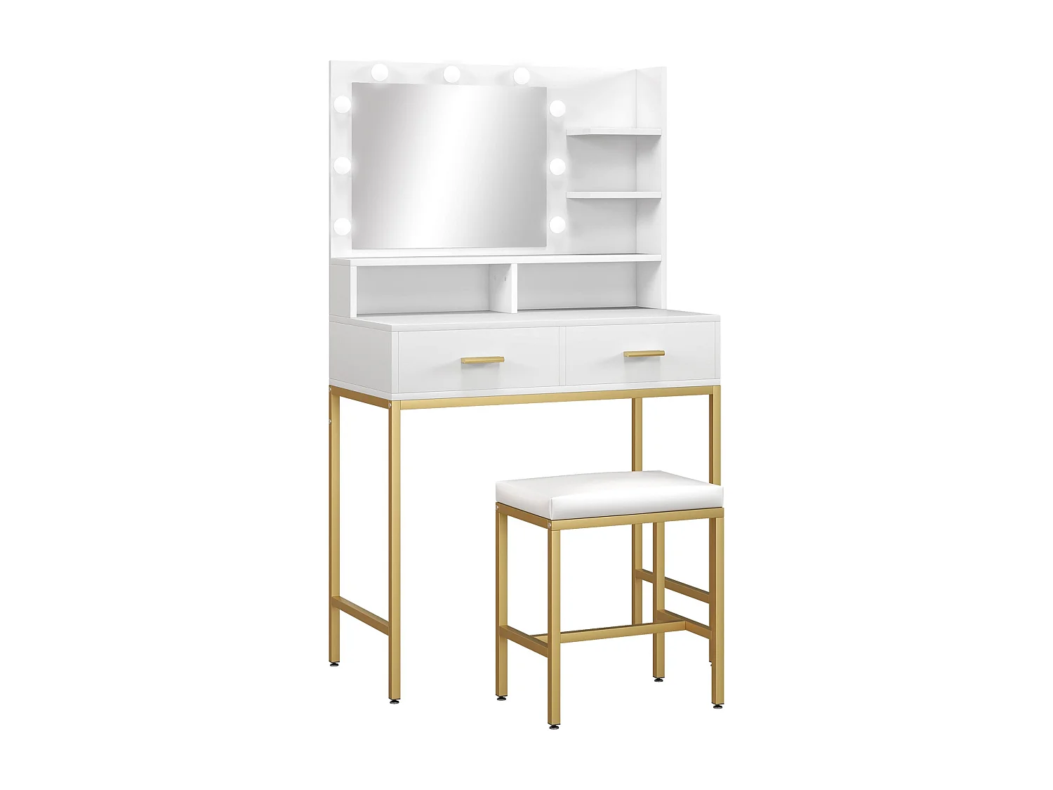 Toucador de Maquilhagem Moderno com Luz LED e Banco Confortável para Quarto Branco - Modelo Nice