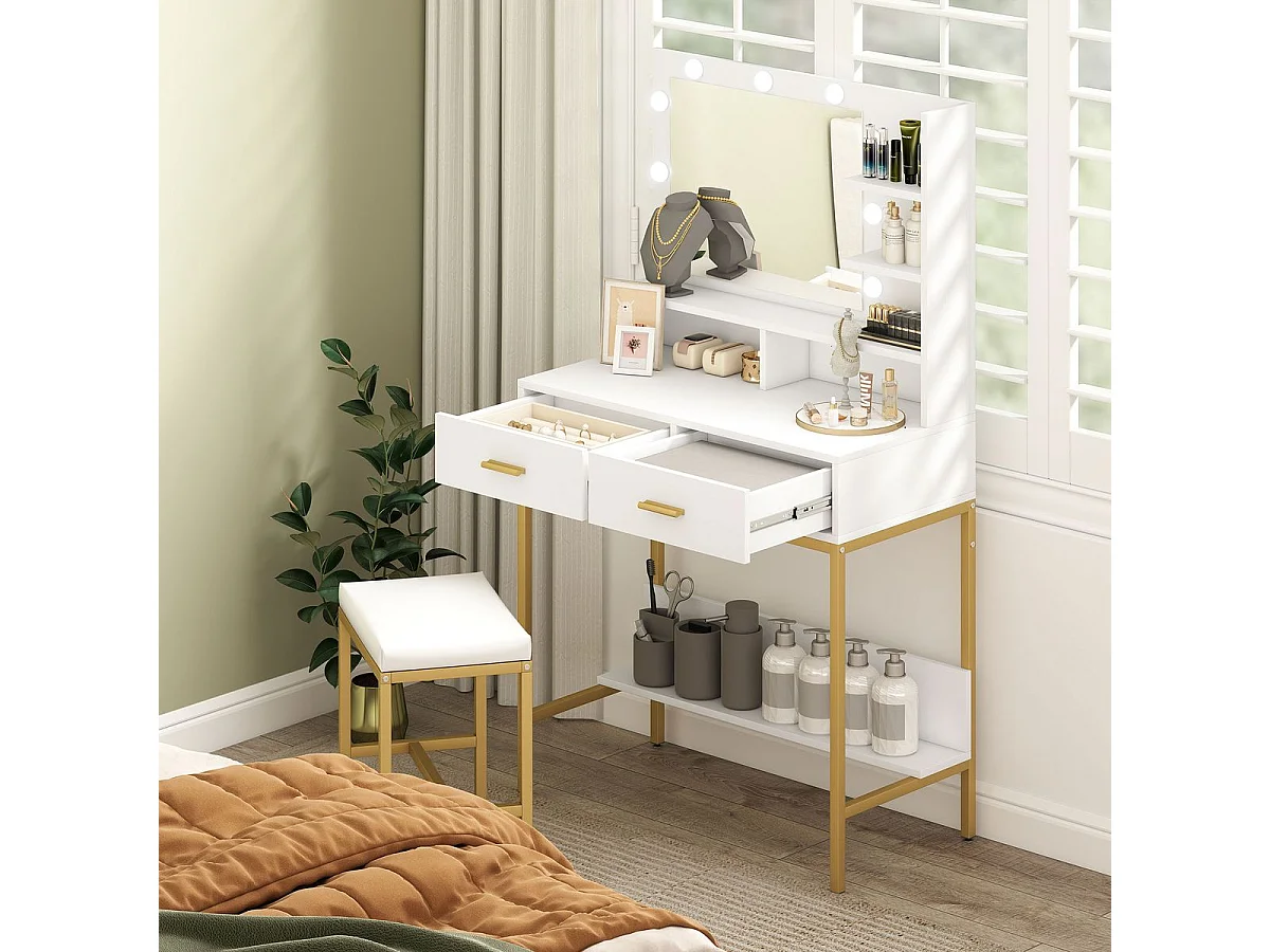 Toucador de Maquilhagem Moderno com Luz LED e Banco Confortável para Quarto Branco - Modelo Nice