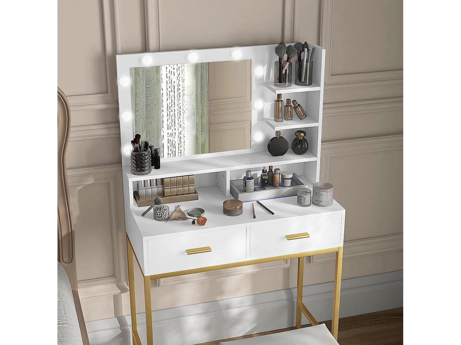 Tocador Aura Homcom 2 cajones + espejo LED + taburete blanco/dorado