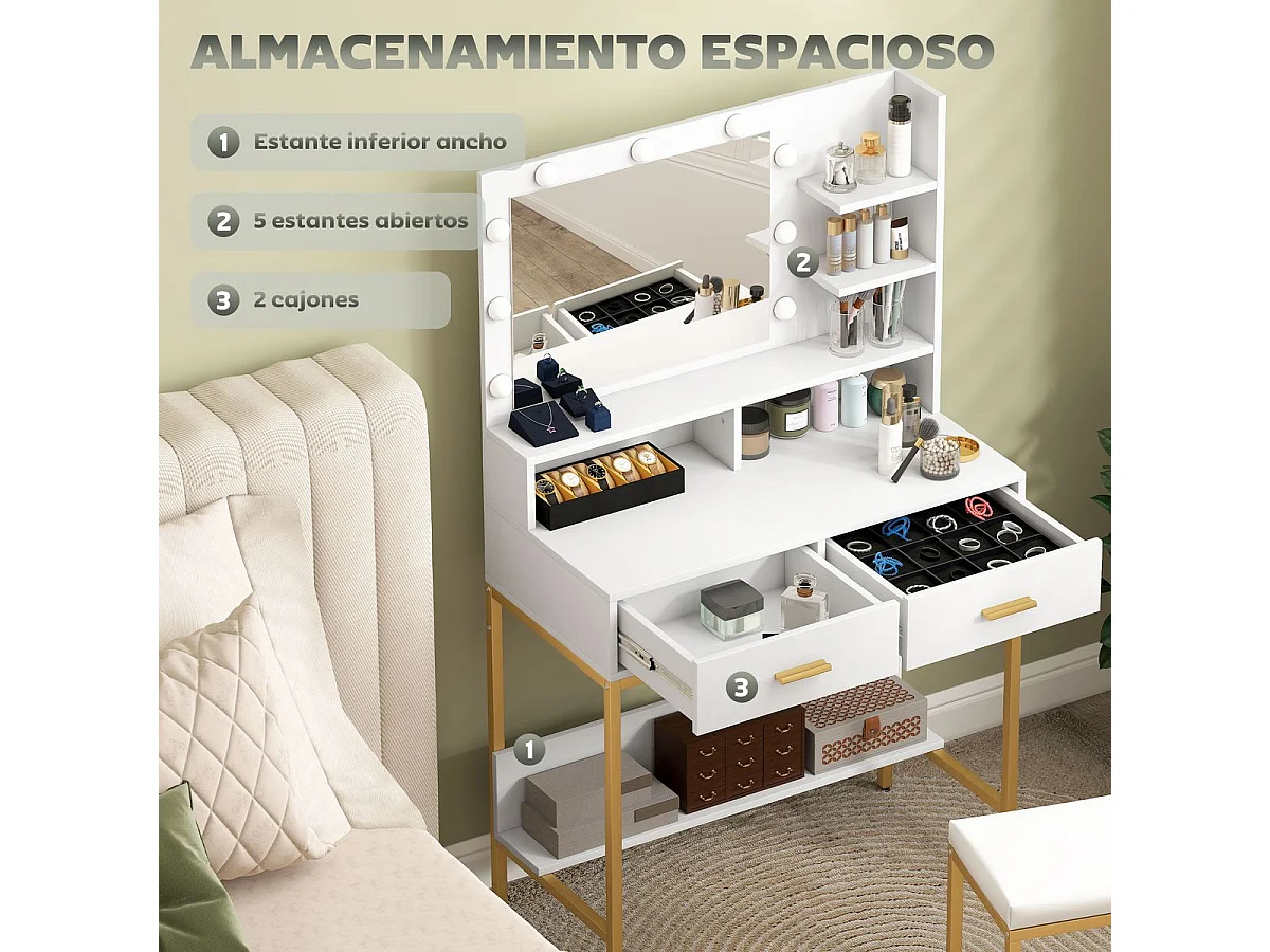 Tocador Aura Homcom 2 cajones + espejo LED + taburete blanco/dorado