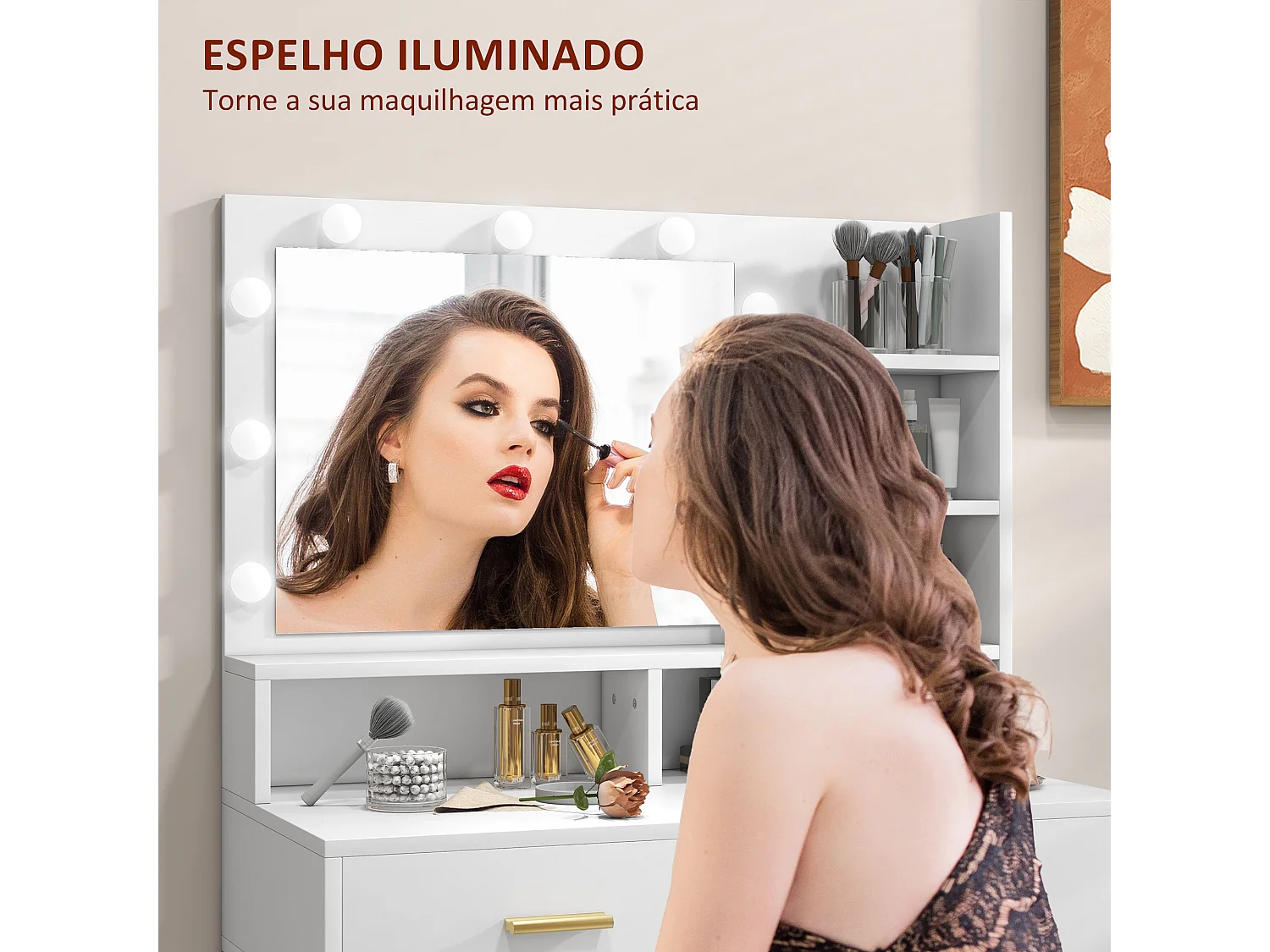 Tocador Aura Homcom 2 cajones + espejo LED + taburete blanco/dorado