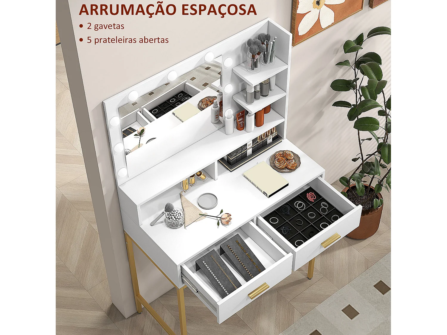 Tocador Aura Homcom 2 cajones + espejo LED + taburete blanco/dorado