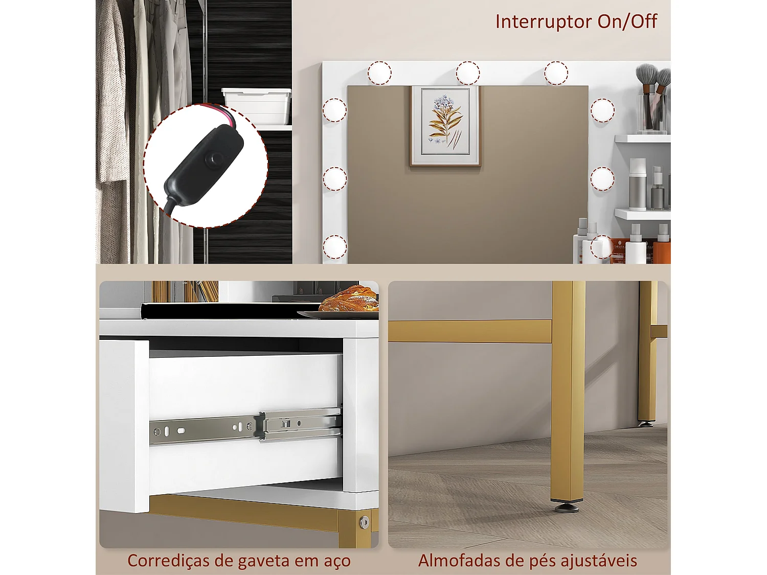 Tocador Aura Homcom 2 cajones + espejo LED + taburete blanco/dorado