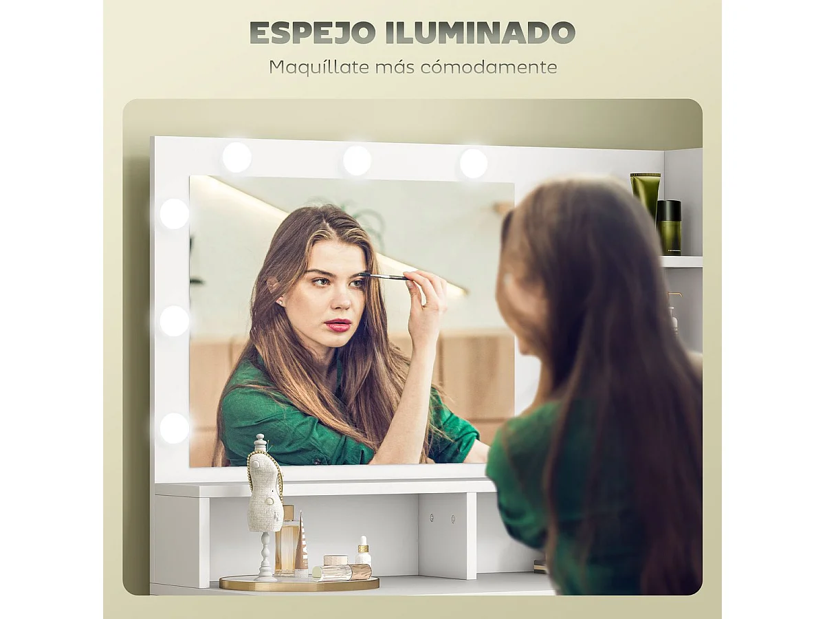 Toucador de Maquilhagem Moderno com Luz LED e Banco Confortável para Quarto Branco - Modelo Nice