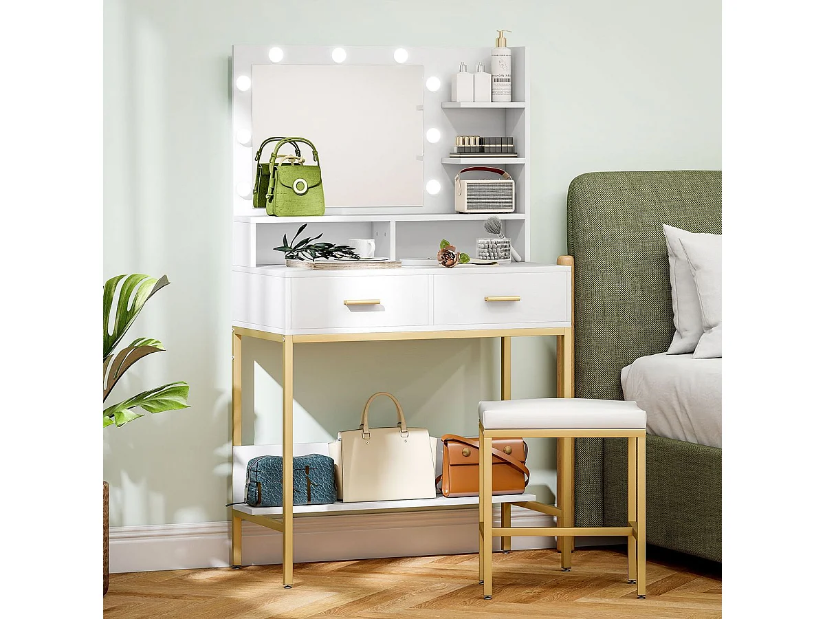 Toucador de Maquilhagem Moderno com Luz LED e Banco Confortável para Quarto Branco - Modelo Nice