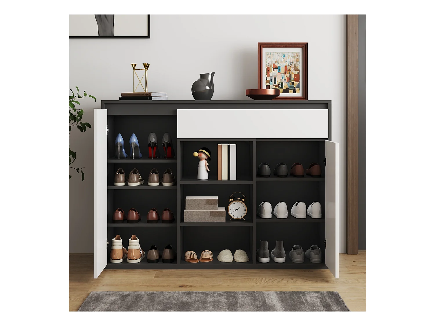 Scarpiera moderna in bianco e nero, 2 ante e 1 cassetto, ripiano regolabile, per ingresso, capacità 12-17 paia di scarpe