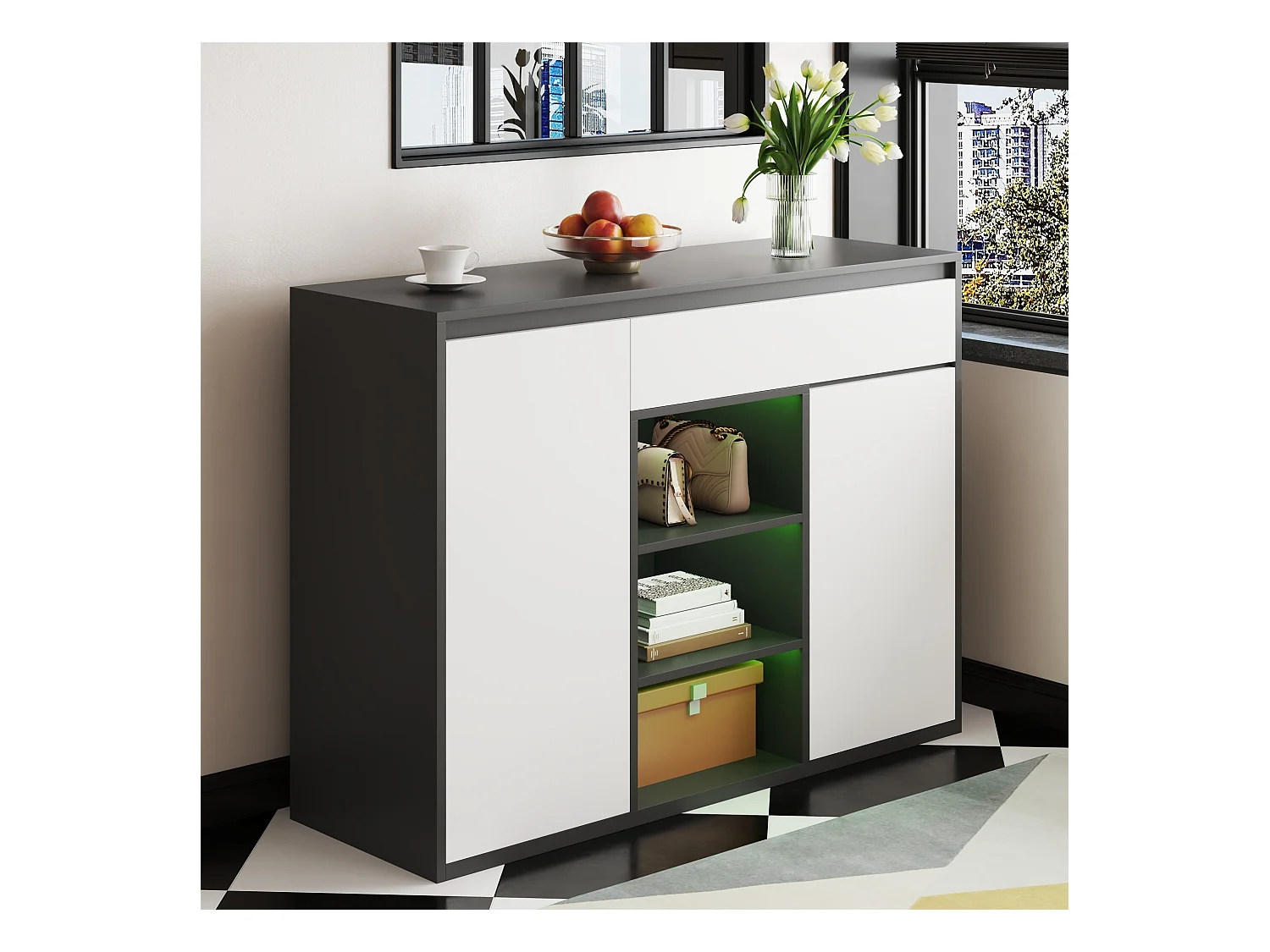 Scarpiera moderna in bianco e nero, 2 ante e 1 cassetto, ripiano regolabile, per ingresso, capacità 12-17 paia di scarpe