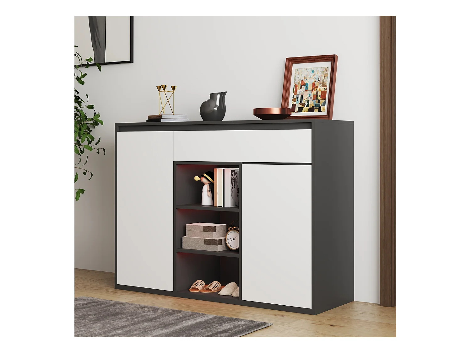 Scarpiera moderna in bianco e nero, 2 ante e 1 cassetto, ripiano regolabile, per ingresso, capacità 12-17 paia di scarpe